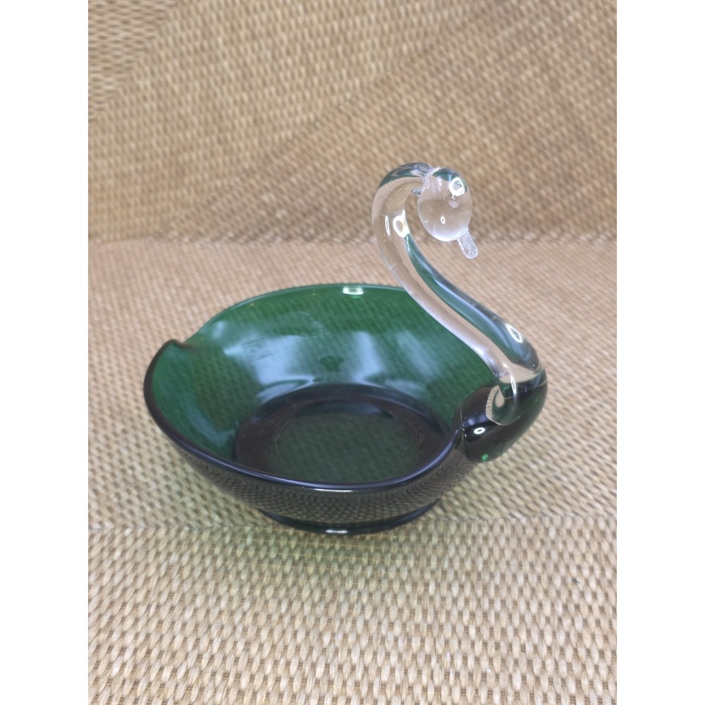 Glass Swan Trinket Candy Condiment Dish Table Or Shelf Decor Green And Clear
